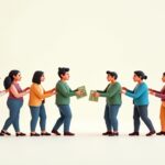 Cadena de personas latinoamericanas pasándose dinero de mano en mano como símbolo de ahorro comunitario