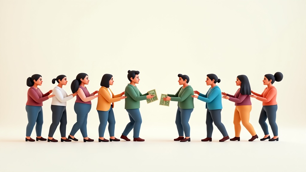 Cadena de personas latinoamericanas pasándose dinero de mano en mano como símbolo de ahorro comunitario