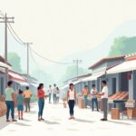 Ilustración 2D de personas haciendo negocios de forma informal en un mercado local