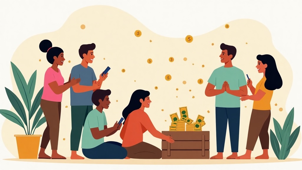 Ilustración editorial que representa modelos de cooperación financiera en comunidades