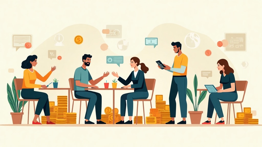 Ilustración editorial que representa finanzas con propósito orientadas al bienestar colectivo