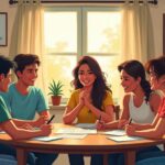 Grupo de personas aprendiendo finanzas en comunidad, con recursos didácticos en un espacio colaborativo