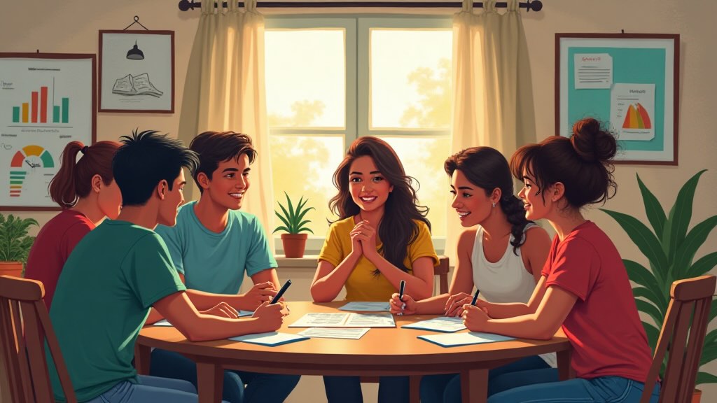 Grupo de personas aprendiendo finanzas en comunidad, con recursos didácticos en un espacio colaborativo