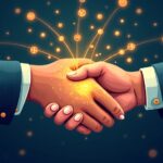 Ilustración conceptual de redes digitales conectando monedas y personas en un mapa abstracto