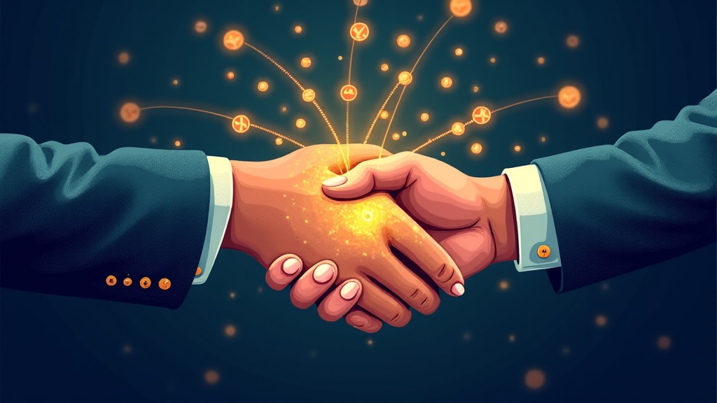 Ilustración conceptual de redes digitales conectando monedas y personas en un mapa abstracto