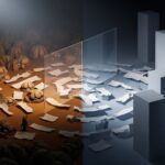 Ilustración conceptual de un muro de cristal separando a personas de estructuras financieras abstractas