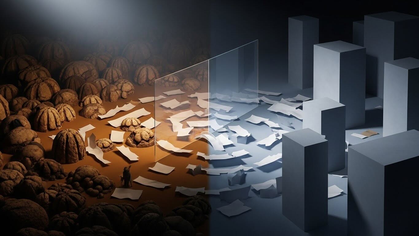 Ilustración conceptual de un muro de cristal separando a personas de estructuras financieras abstractas