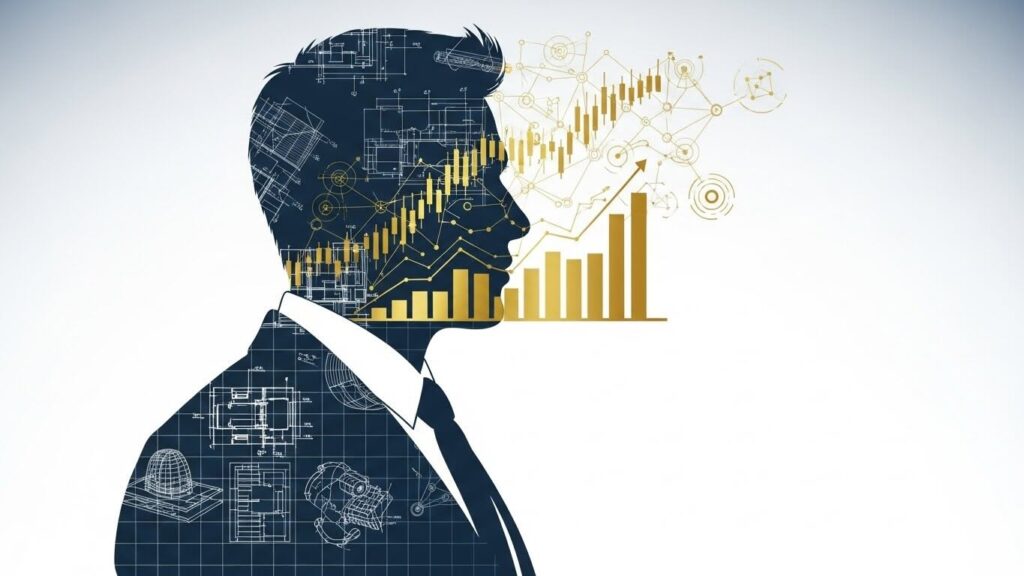 Composición conceptual de un plano de ingeniería convirtiéndose en gráficos financieros de crecimiento