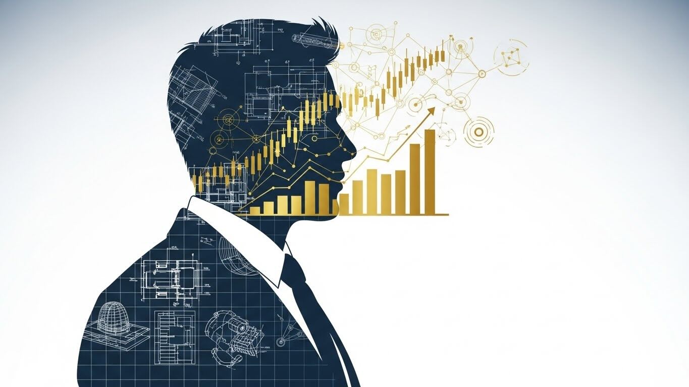 Composición conceptual de un plano de ingeniería convirtiéndose en gráficos financieros de crecimiento