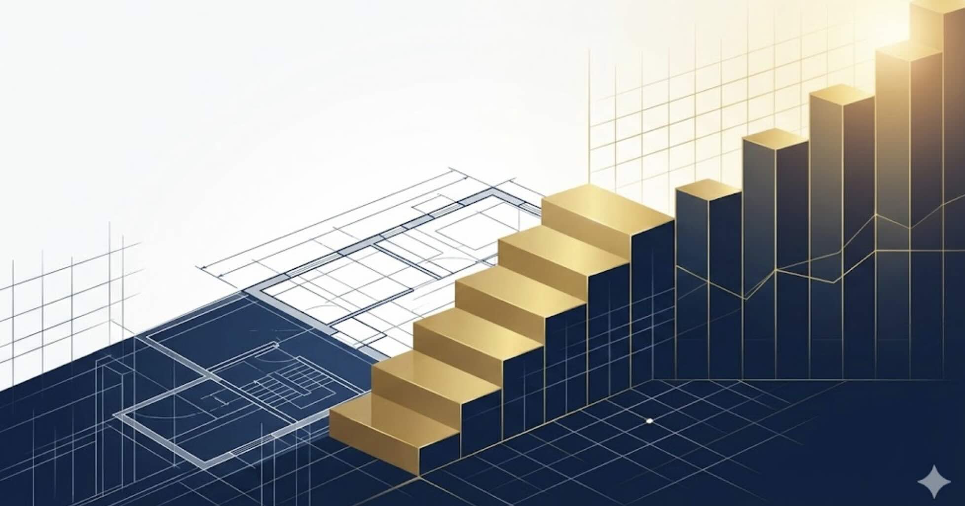 Ilustración conceptual de planos de ingeniería transformándose en una escalera de crecimiento financiero hacia la luz