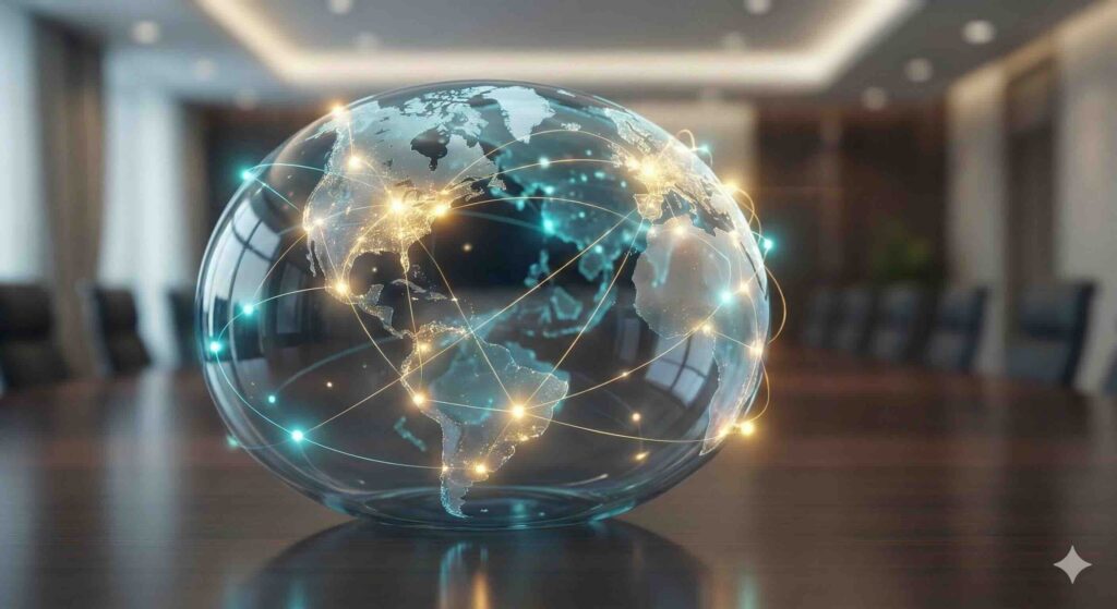 Fotografía editorial conceptual de un globo terráqueo de cristal sobre una mesa de juntas iluminado por nodos que conectan continentes