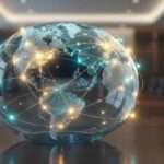 Fotografía editorial conceptual de un globo terráqueo de cristal sobre una mesa de juntas iluminado por nodos que conectan continentes