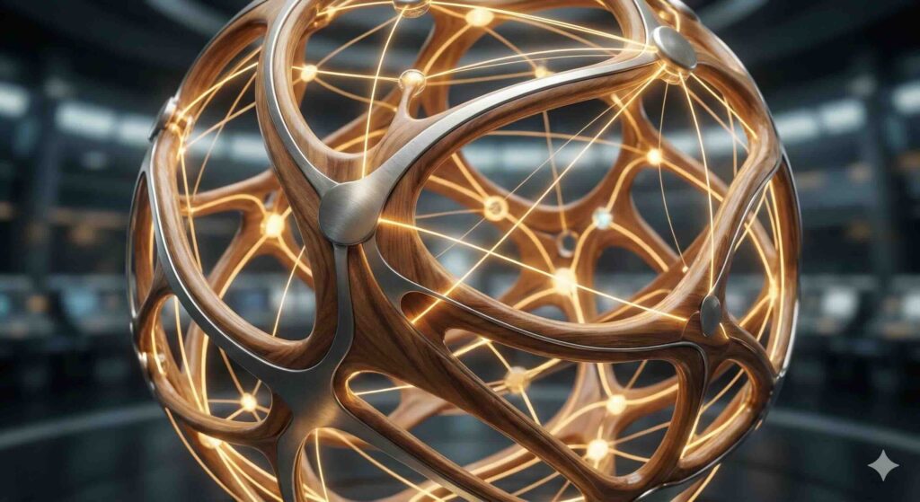 Fotografía conceptual estilo editorial mostrando una red interconectada de nodos de luz dorada formando una esfera de colaboración.
