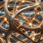 Fotografía conceptual estilo editorial mostrando una red interconectada de nodos de luz dorada formando una esfera de colaboración.