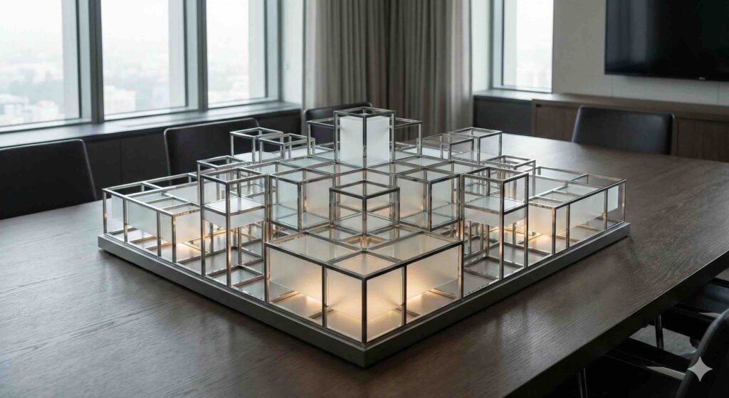 Fotografía editorial de una mesa de juntas con una maqueta arquitectónica de acero y cristal representando una red en expansión controlada.