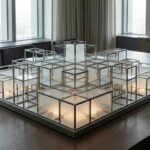 Fotografía editorial de una mesa de juntas con una maqueta arquitectónica de acero y cristal representando una red en expansión controlada.