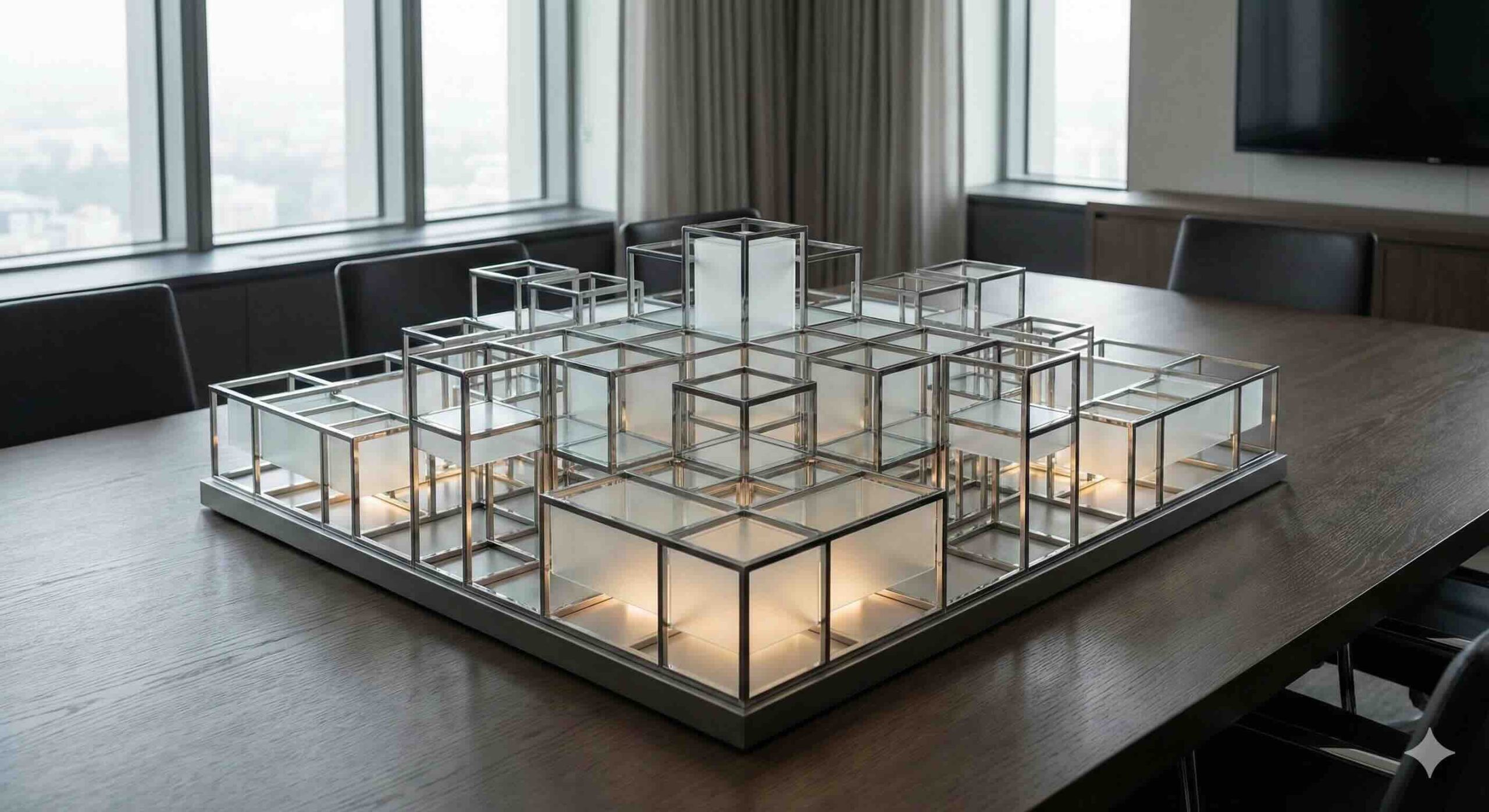 Fotografía editorial de una mesa de juntas con una maqueta arquitectónica de acero y cristal representando una red en expansión controlada.