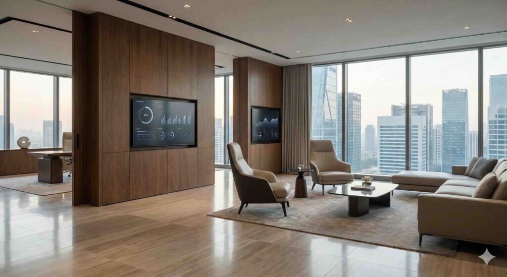 Fotografía editorial de una oficina ejecutiva futurista y lujosa con tecnología integrada de forma sutil en materiales nobles.