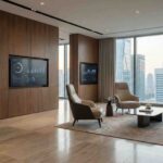 Fotografía editorial de una oficina ejecutiva futurista y lujosa con tecnología integrada de forma sutil en materiales nobles.