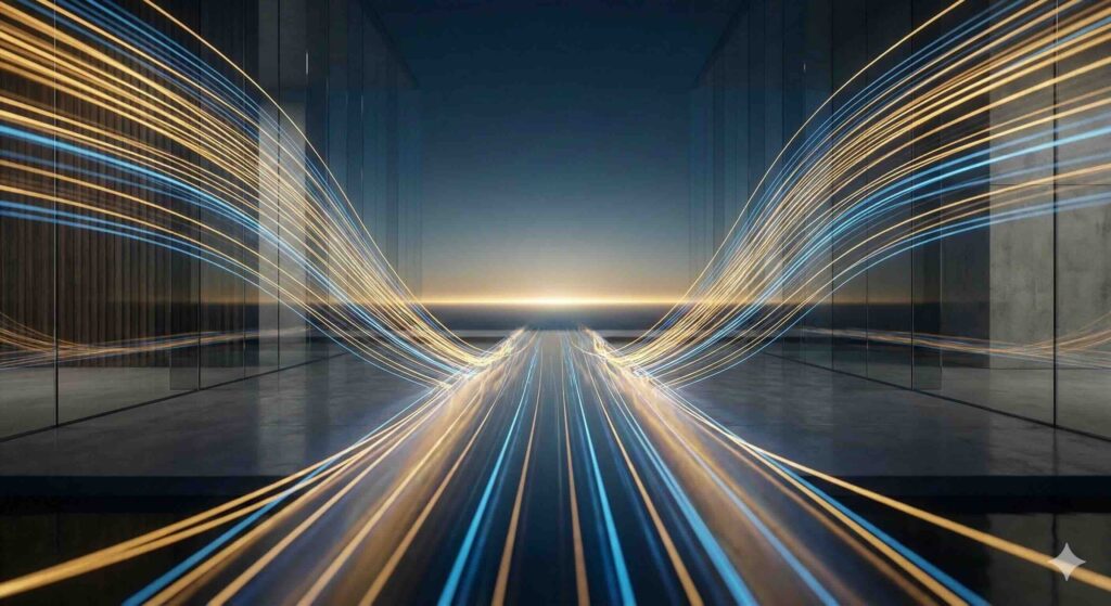 Fotografía conceptual de flujos de datos luminosos formando un puente futurista hacia un horizonte urbano tecnológico.