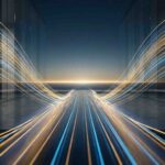 Fotografía conceptual de flujos de datos luminosos formando un puente futurista hacia un horizonte urbano tecnológico.