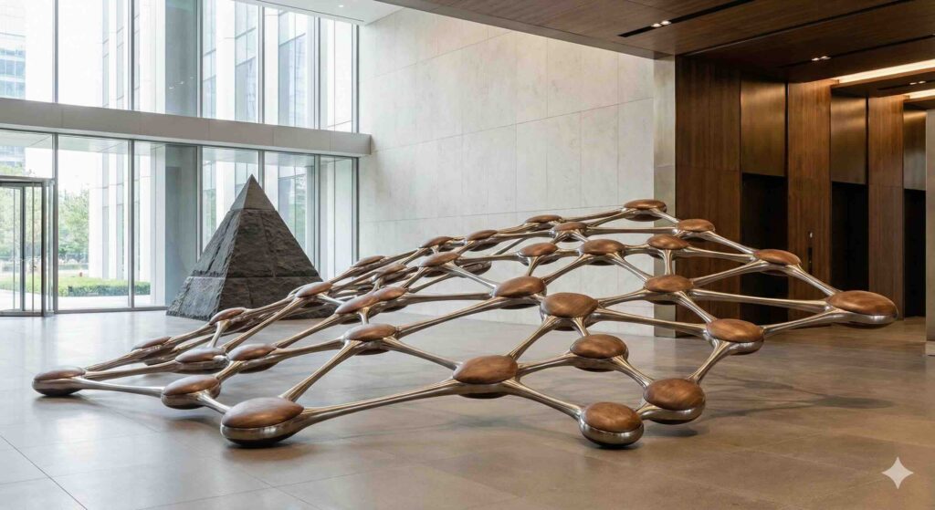 Fotografía conceptual en un lobby corporativo mostrando una escultura de una red horizontal interconectada desplazando a una pirámide vertical rígida.