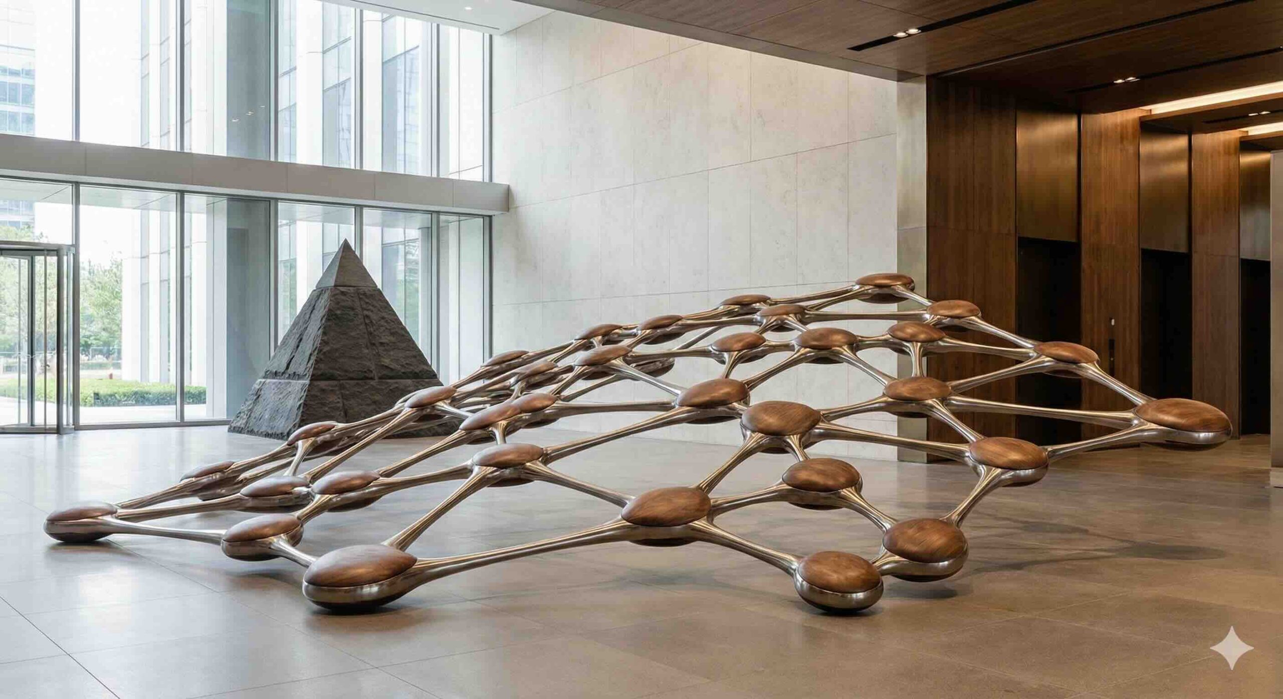 Fotografía conceptual en un lobby corporativo mostrando una escultura de una red horizontal interconectada desplazando a una pirámide vertical rígida.