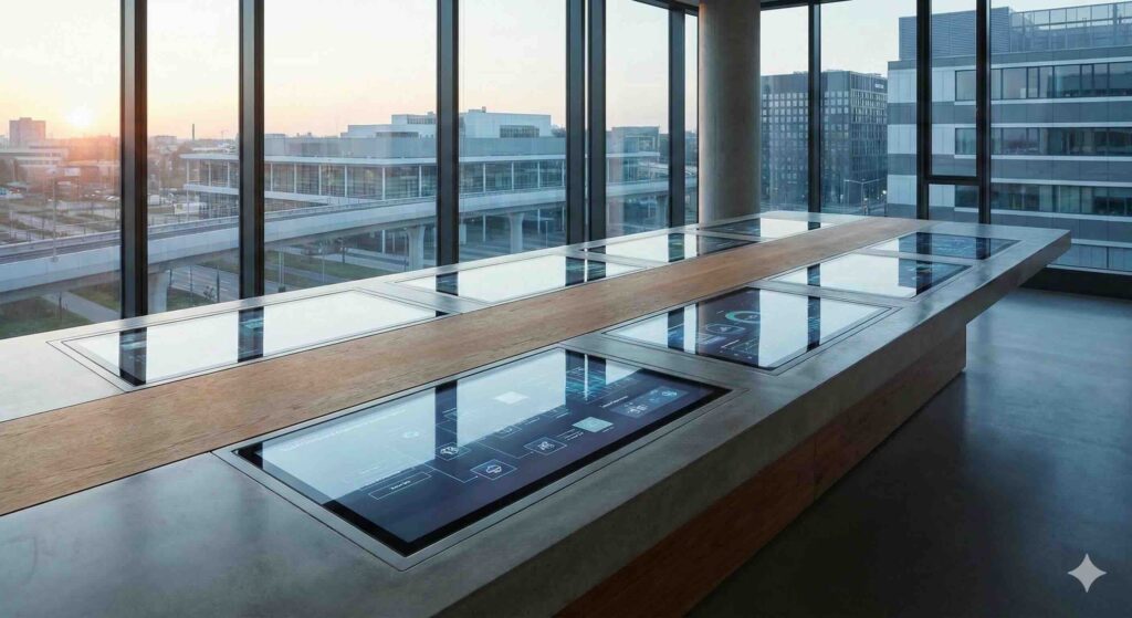 Fotografía editorial de una sala de juntas moderna y vacía con tecnología integrada en materiales físicos como madera y concreto.