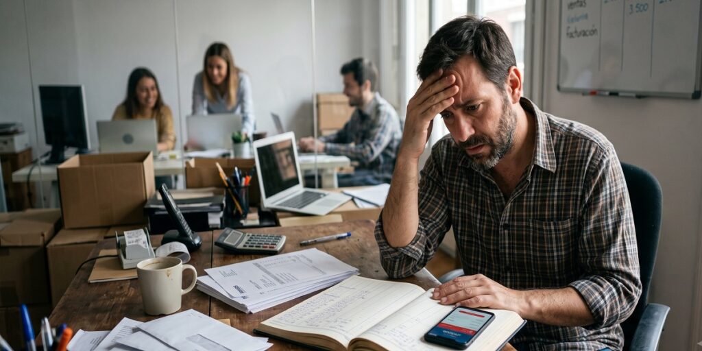 Un hombre emprendedor estresado revisa cuentas y facturas en su escritorio lleno de papeles en una oficina compartida, ilustrando la angustia causada por errores financieros de emprendedores.