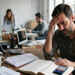 Un hombre emprendedor estresado revisa cuentas y facturas en su escritorio lleno de papeles en una oficina compartida, ilustrando la angustia causada por errores financieros de emprendedores.