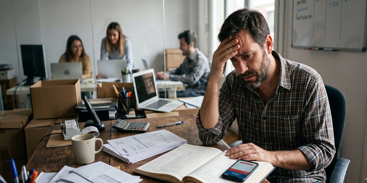 Un hombre emprendedor estresado revisa cuentas y facturas en su escritorio lleno de papeles en una oficina compartida, ilustrando la angustia causada por errores financieros de emprendedores.