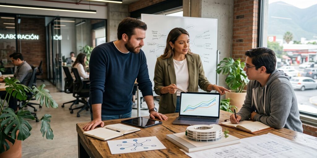 Un equipo de tres jóvenes líderes empresariales analiza un gráfico de crecimiento financiero en una computadora portátil dentro de una oficina moderna, demostrando cómo aplicar la reinversión estratégica en los negocios