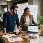 Un equipo de tres jóvenes líderes empresariales analiza un gráfico de crecimiento financiero en una computadora portátil dentro de una oficina moderna, demostrando cómo aplicar la reinversión estratégica en los negocios