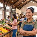 Empresaria posando satisfecha en un mercado local representativo de los exitosos modelos de negocio en México.