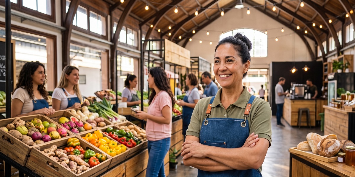 Empresaria posando satisfecha en un mercado local representativo de los exitosos modelos de negocio en México.